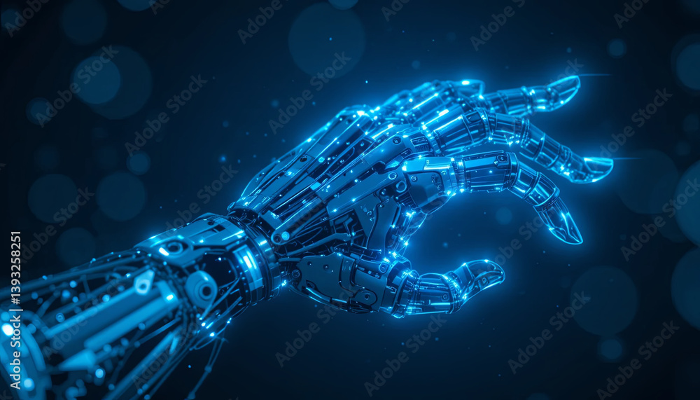 Poster a futuristic robotic hand extends into a dark space filled with soft blue lights. the intricate deta