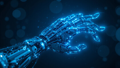 A futuristic robotic hand extends into a dark space filled with soft blue lights. The intricate details showcase advanced technology and artificial intelligence in a captivating design