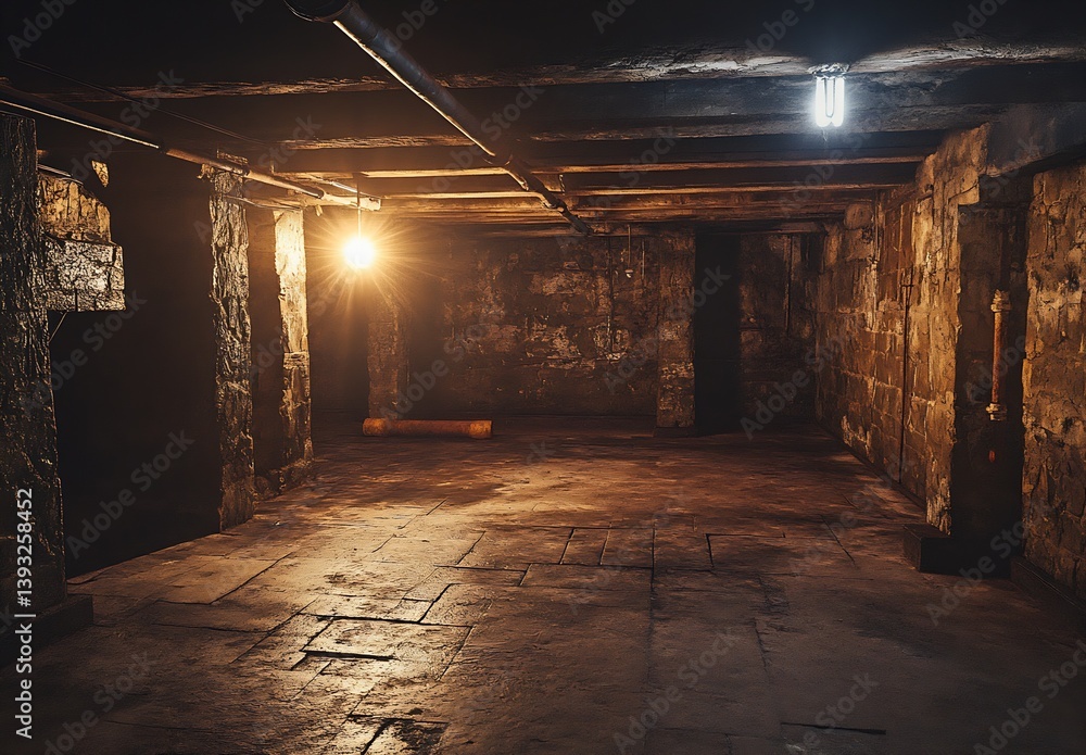 Aufkleber illuminated underground space with old stone walls and bright utility lighting setting a dramatic sc