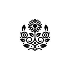 Floral Emblem: Minimalist Black Flower & Leaf Design on White