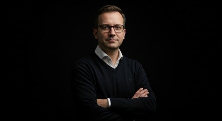 Obraz premium Confident Businessman Posing with Arms Crossed on Dark Background