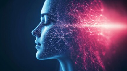 Obraz premium Futuristic female profile with neon cybernetic network design for tech innovations