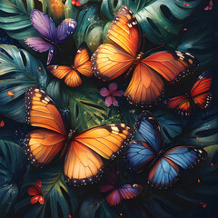 Tropical Jungle Scene with Butterflies Resting on Leaves High Resolution Picture