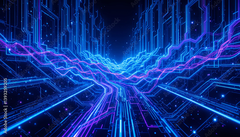Poster vibrant blue and pink lines weave through a digital tunnel, creating a dynamic and immersive atmosph