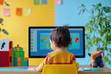 Interactive learning setup for young child in colorful room with toys and computer