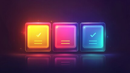 Neon themed glowing checklist with check marks on colorful background for digital and creative design