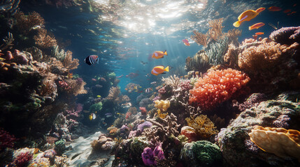 Obraz premium AI-generated photorealistic underwater view of a thriving coral reef with tropical fish and vibrant marine life. Ideal for ocean, environmental, and educational visuals.