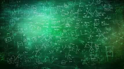 Mathematical formulas on green chalkboard background for education concept and classroom design