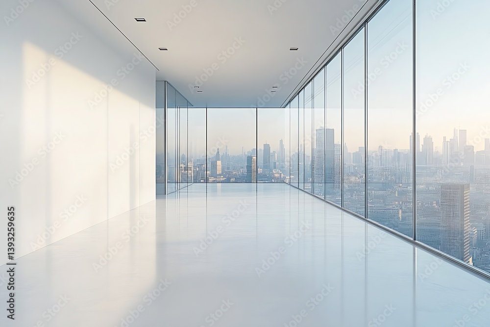 Poster sunlit modern office space with panoramic city view and clean lines minimalist interior design : gen