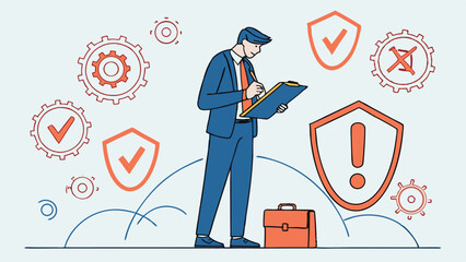 Business Man Reviewing Risk Assessment Checklist With Security Shield And Gears Vector