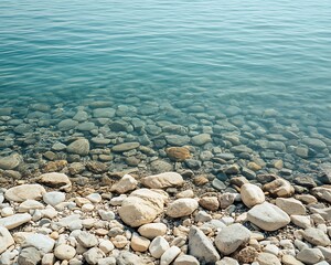 Clear water reveals pebbles and larger stones on the shoreline