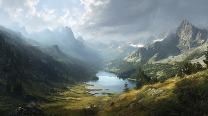 Majestic Mountain Valley Lake Reflects Sky with Sunlight Piercing Dramatic Clouds and Peaks