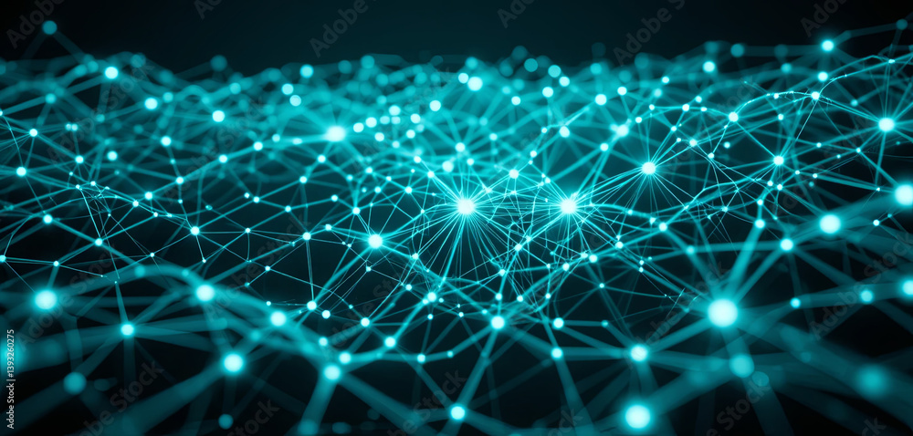 Poster a digital landscape features illuminated nodes and lines representing a network of connections. the 