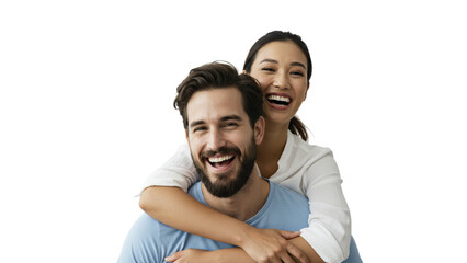 Obraz premium Joyful couple embracing, their radiant smiles reflecting a deep connection and shared happiness in a candid, isolated close-up.