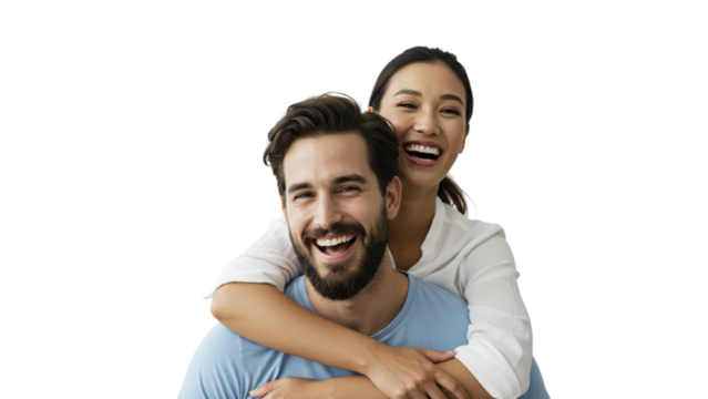 Joyful couple embracing, their radiant smiles reflecting a deep connection and shared happiness in a candid, isolated close-up.
