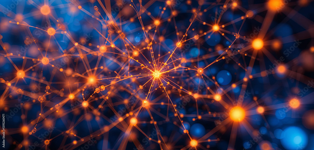 Aufkleber bright orange and blue lights represent a dynamic network of connections in a digital space, illustr