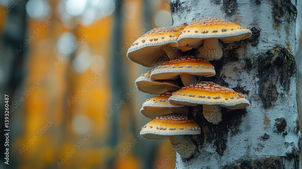 Poster cluster of mushrooms on a tree trunk in autumnal forest