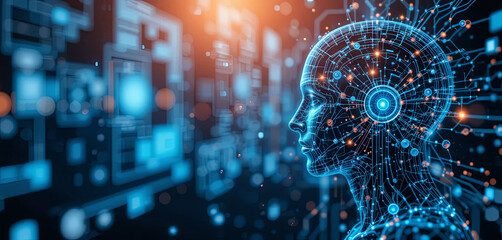 Fototapeta premium A detailed digital representation of a human head is rendered with glowing neural connections. The background is filled with abstract technology elements, showcasing an advanced digital world