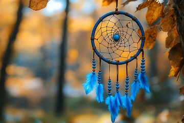 A decorative dreamcatcher with blue feathers and beads displayed outdoors