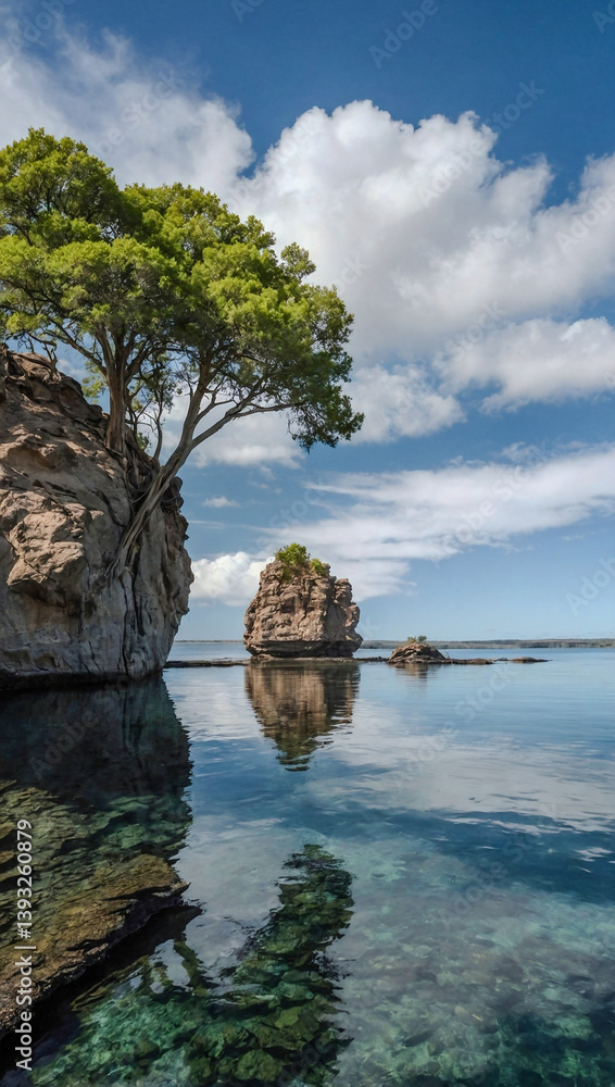 Poster floating rock formation with a single tree.