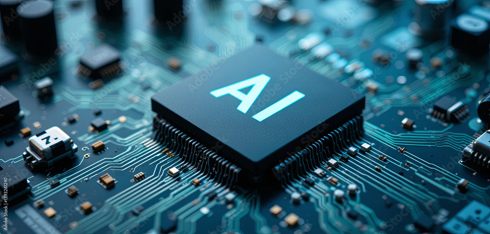 Poster the focus is on a circuit board featuring an ai processor at its center, surrounded by intricate ele