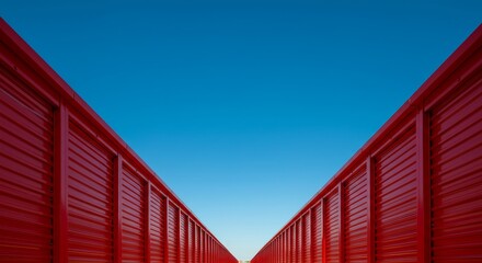 Fototapeta premium Red Storage Units Against Blue Sky - Rows of vibrant red storage units stretch towards a clear blue sky, creating a striking visual contrast