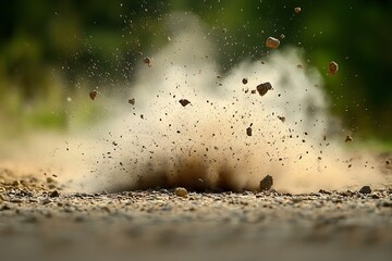 Dust and debris exploding upwards from a dirt covered surface