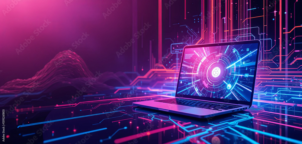 Poster a sleek laptop showcases intricate digital patterns and high-tech graphics in a neon-lit space, refl
