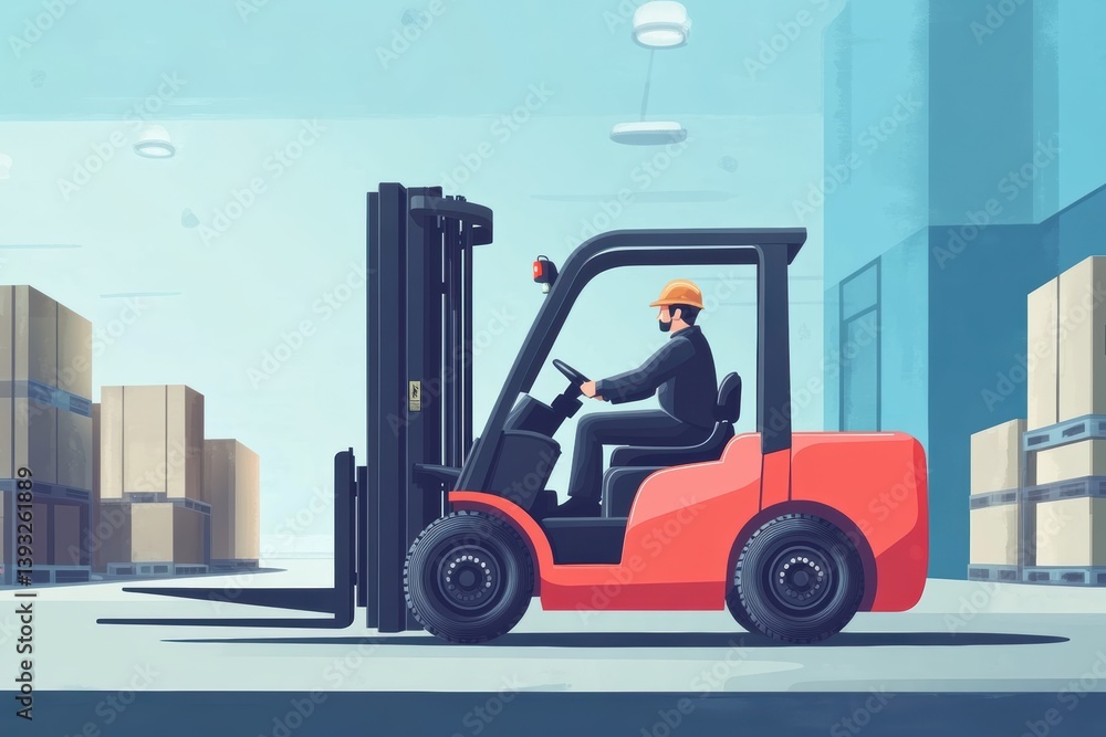 Poster graphic layout showcasing a worker operating a forklift in a warehouse setting