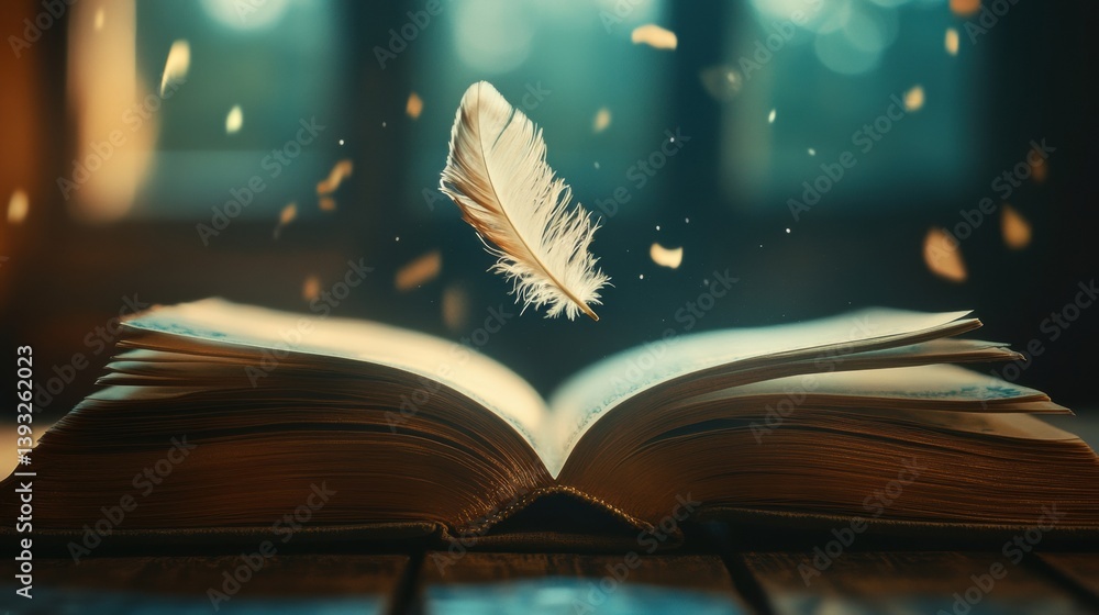 Aufkleber Feather gently falls onto an open storybook in a dreamy and enchanting atmosphere with soft lighting and a hint of magic