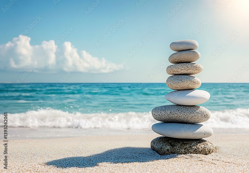 Poster serene stack of smooth stones on calm beach with gentle waves and clear blue sky : generative ai