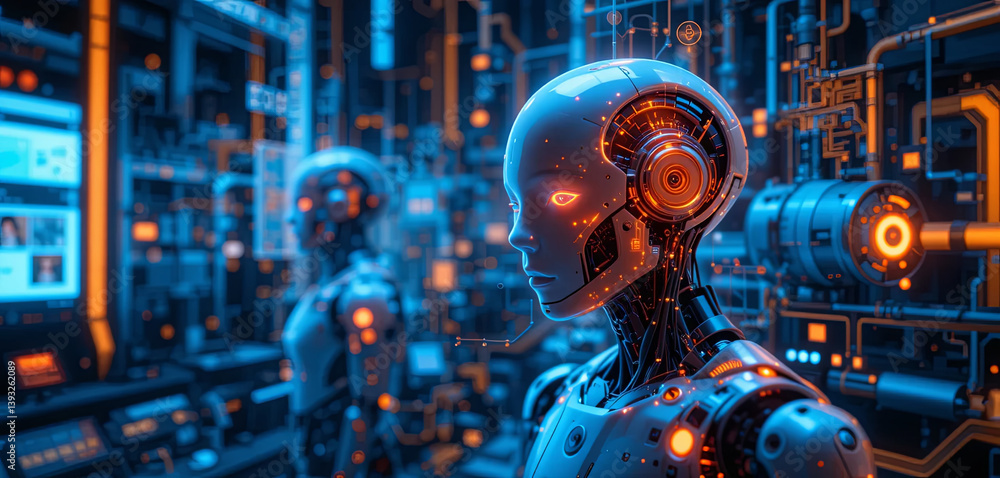 Poster two humanoid robots stand in a vibrant, high-tech space filled with glowing circuits and digital scr
