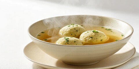 Steaming Matzah Ball Soup in Bowl, Parsley Garnish ,Jewish Food
