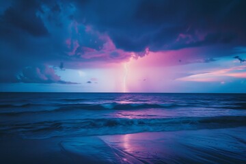 Fototapeta premium Sudden rainbow colored lightning strike over an ocean during a tropical storm