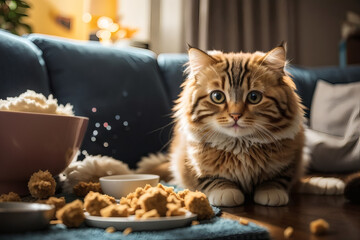 Fluffy Ginger Cat Sitting on Couch Amidst Scattered Treats and Snacks
