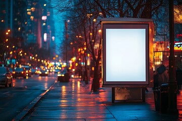 Blank Billboard Advertising Mockup in a Cityscape at Night on a Wet Sidewalk Perfect for Ad Campaigns : Generative AI