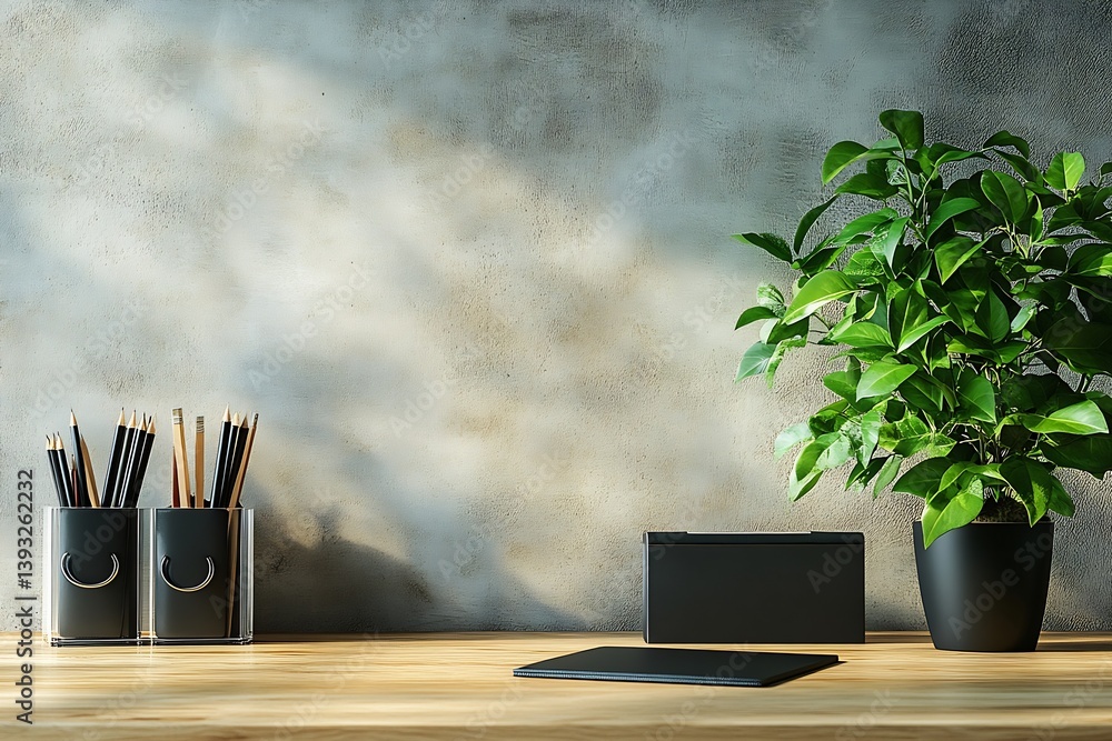 Poster modern workspace with potted plant pencils and notebook on wooden desk against a minimalist concrete