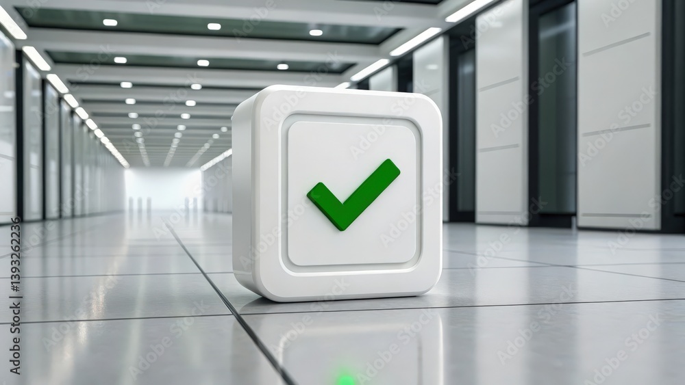 Poster a 3d checkbox symbol displaying a green checkmark in a modern, minimalistic corridor with bright lig