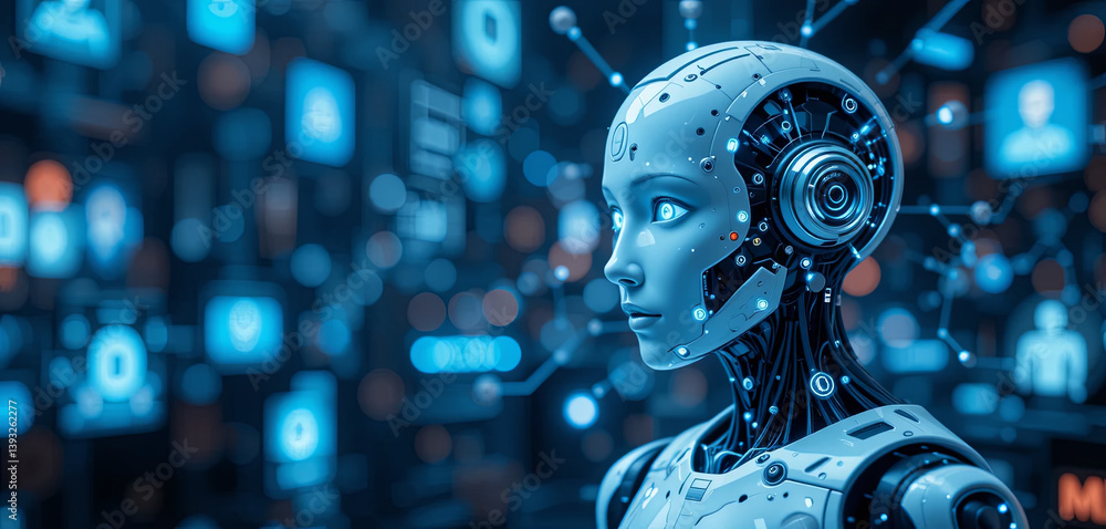 Aufkleber a humanoid robot stands in a vibrant digital landscape filled with illuminated data displays and tec