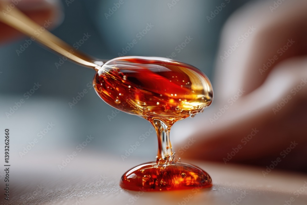 Poster a mesmerizing macro shot of honey dripping from a spoon, showcasing its rich amber color and intrica