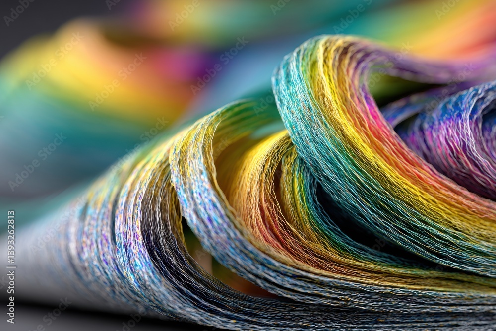 Poster a vibrant and abstract close-up captures layers of interwoven multicolored strands, creating a mesme