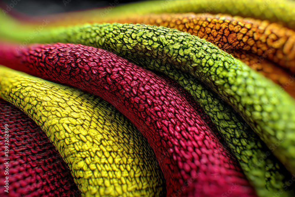 Poster an abstract macro photograph showcasing the intricate texture and vibrant colors of stacked, texture