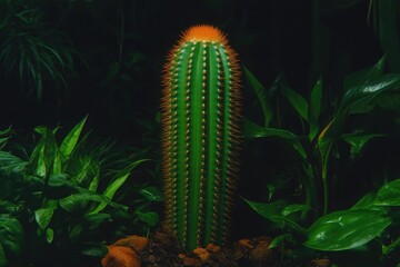 Naklejka premium A vibrant cactus stands tall amidst lush greenery