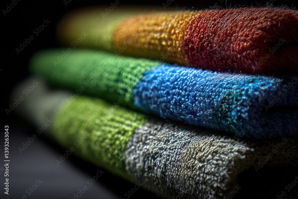 Poster close-up of a stack of soft, colorful towels creating a gradient effect, showcasing the texture and 