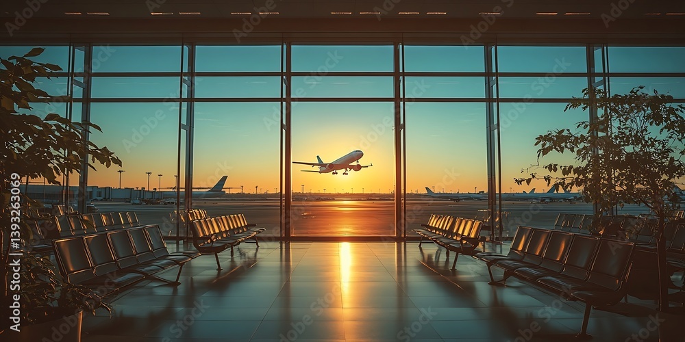 Poster airplane takes off at golden hour from airport terminal waiting area with warm light and large windo
