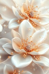 A stunning display of flowers in delicate pastel shades, including peach and cream, set against a backdrop of flowing, swirling patterns that amplify the tranquil and refined atmosphere