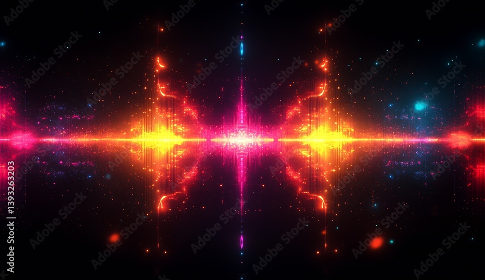 Fototapete Electrifying light waves creating an abstract visual symphony on a dark reflective surface : Generative AI