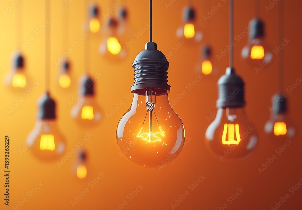 Poster creative idea conceptual image with vintage style light bulbs hanging in warm orange tones and filam