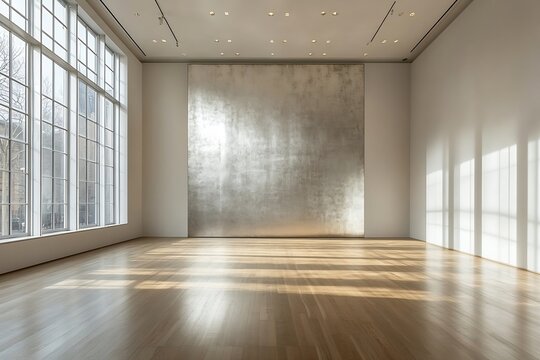 Minimalist Art Gallery Interior Modern Exhibition Space with Large Abstract Painting Natural Light and Wood Floors : Generative AI