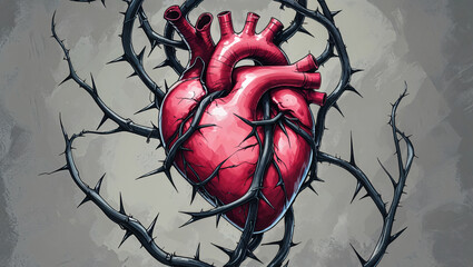 Human heart intertwined by thorny vine, artistic symbolic allegorical
